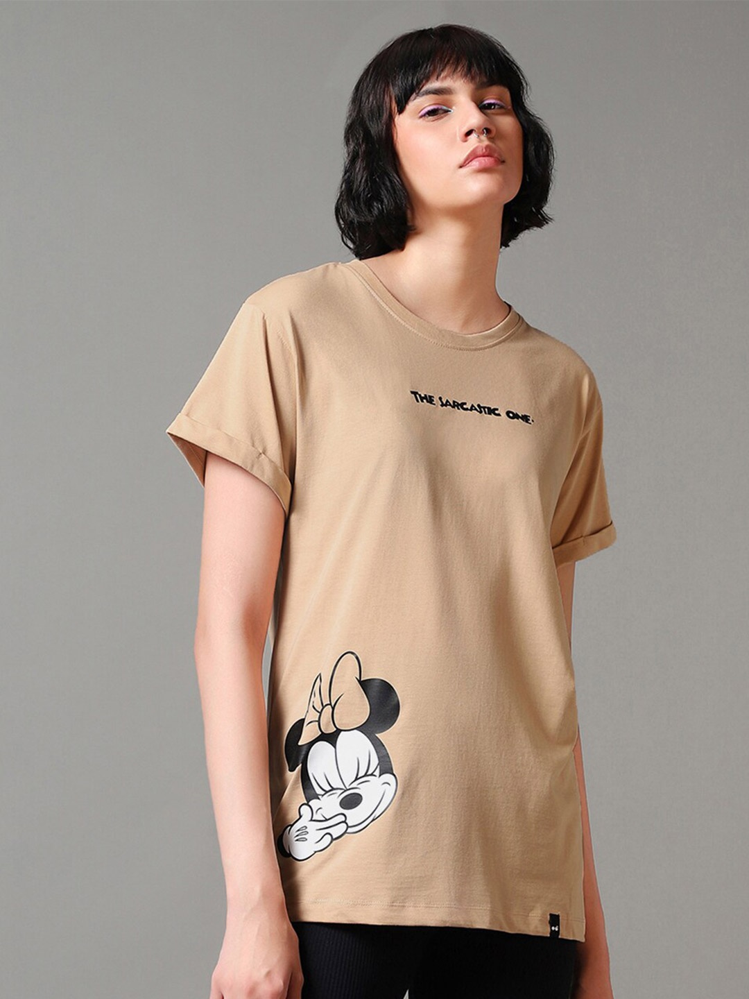 

Bewakoof Brown Minnie Mouse Printed Round Neck Pure Cotton Oversized T-shirt