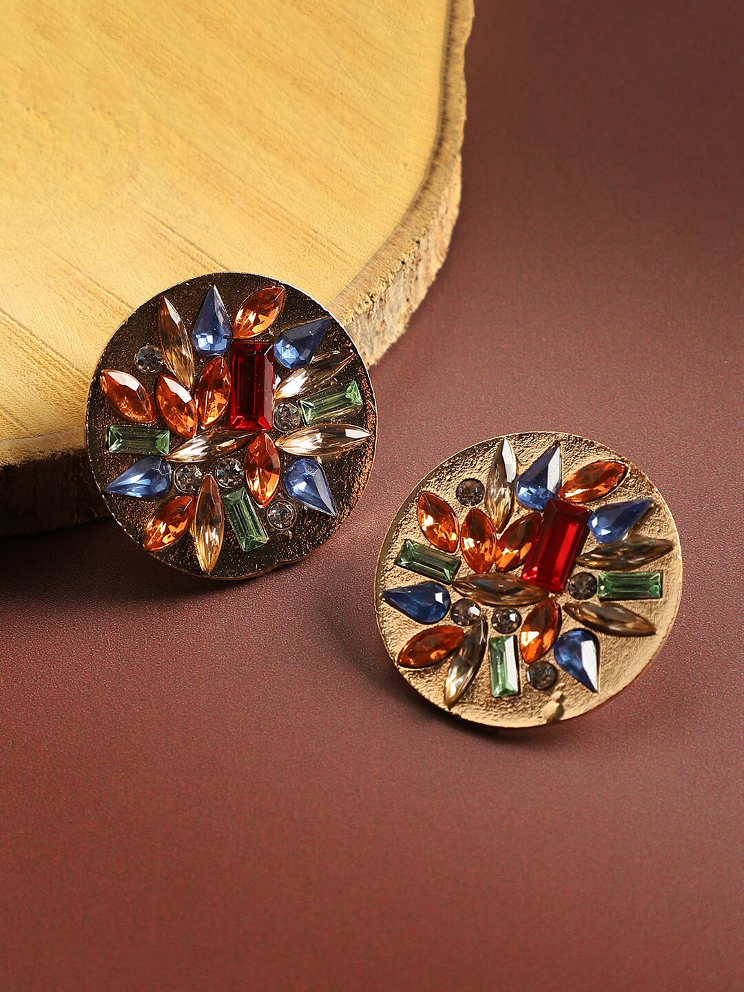

SOHI Gold-Plated Crystal-Studded Circular Stud Earrings