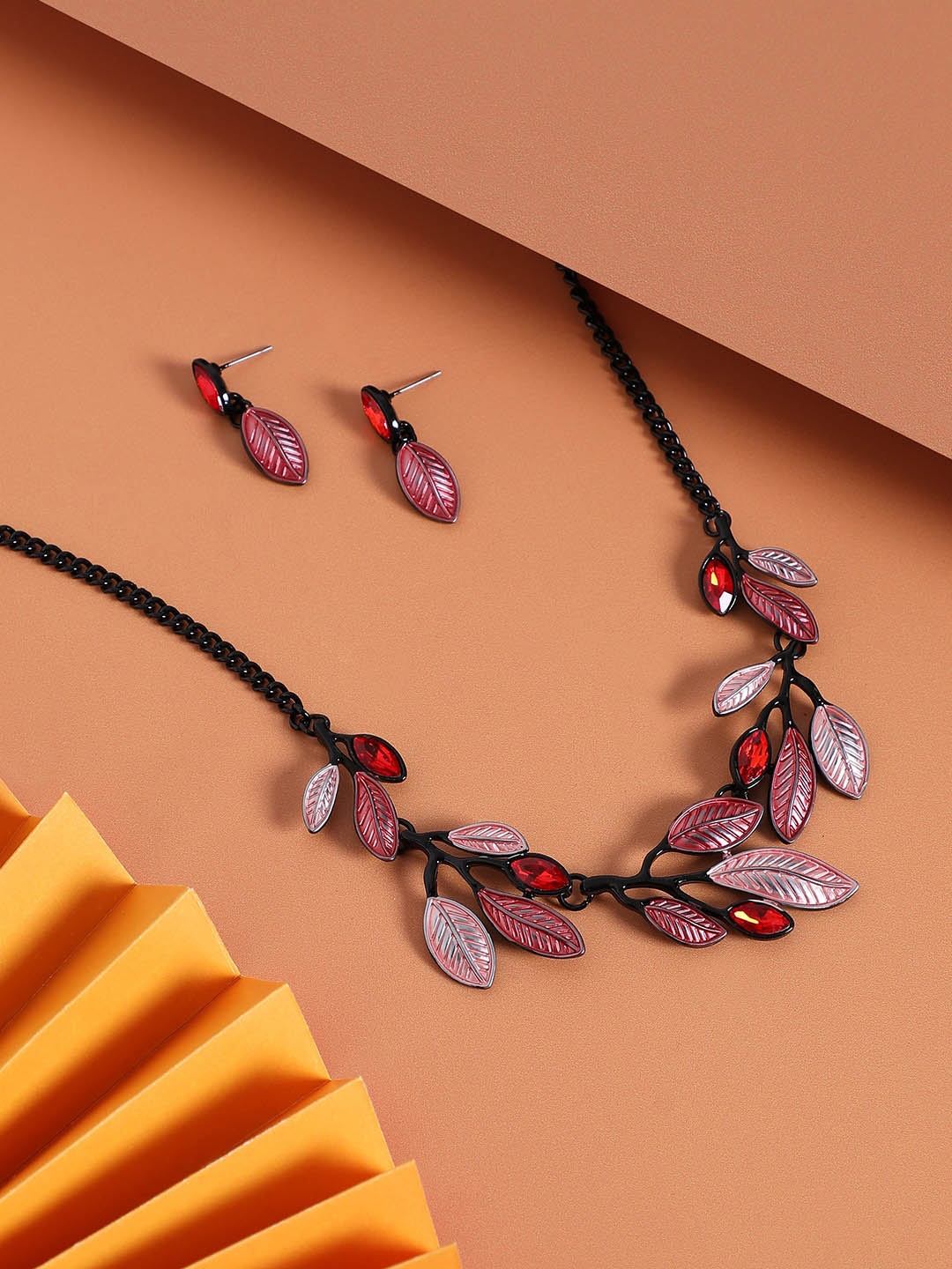 

SOHI Stone Leaf Necklace & Earrings Jewellery Set, Red