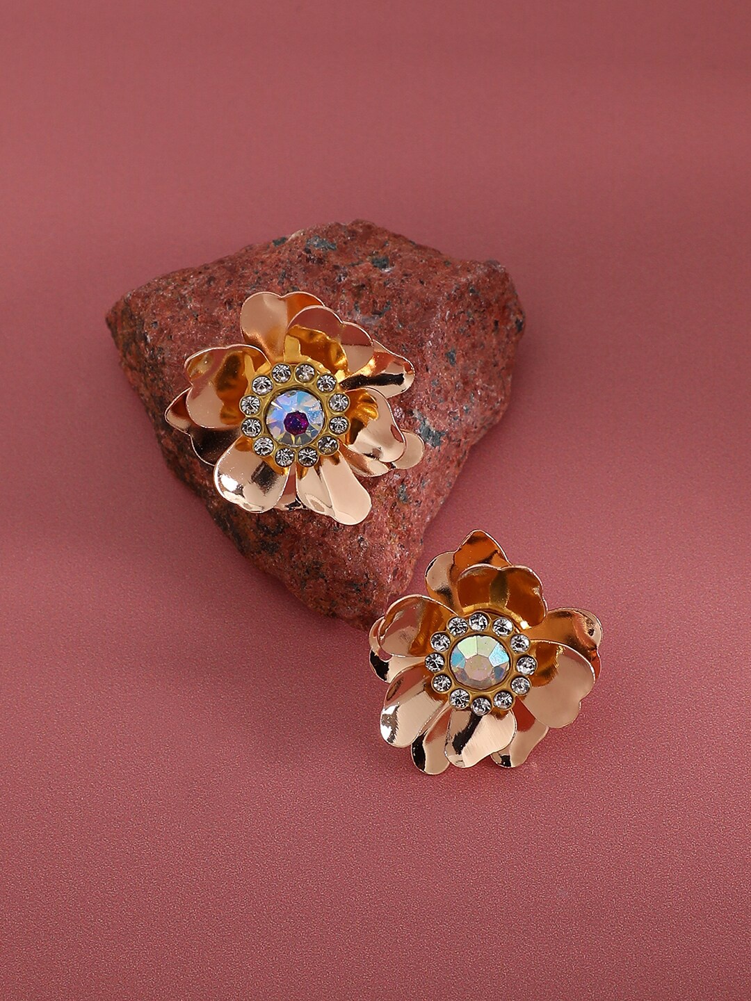 

SOHI Gold-Plated Crystal-Studded Flower Stud Earrings