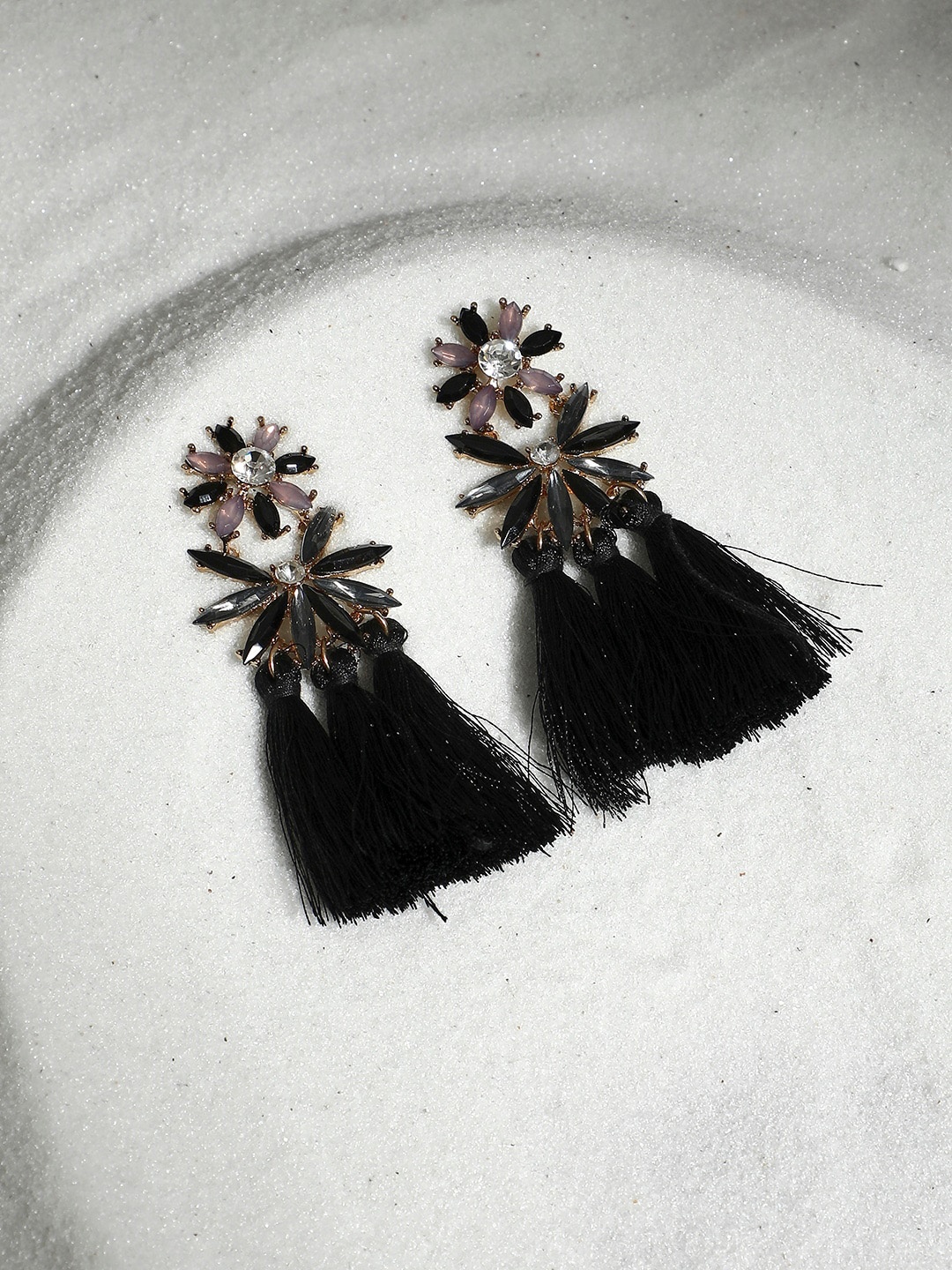 

SOHI Gold-Plated Tasseled Crystal-Studded Contemporary Drop Earrings