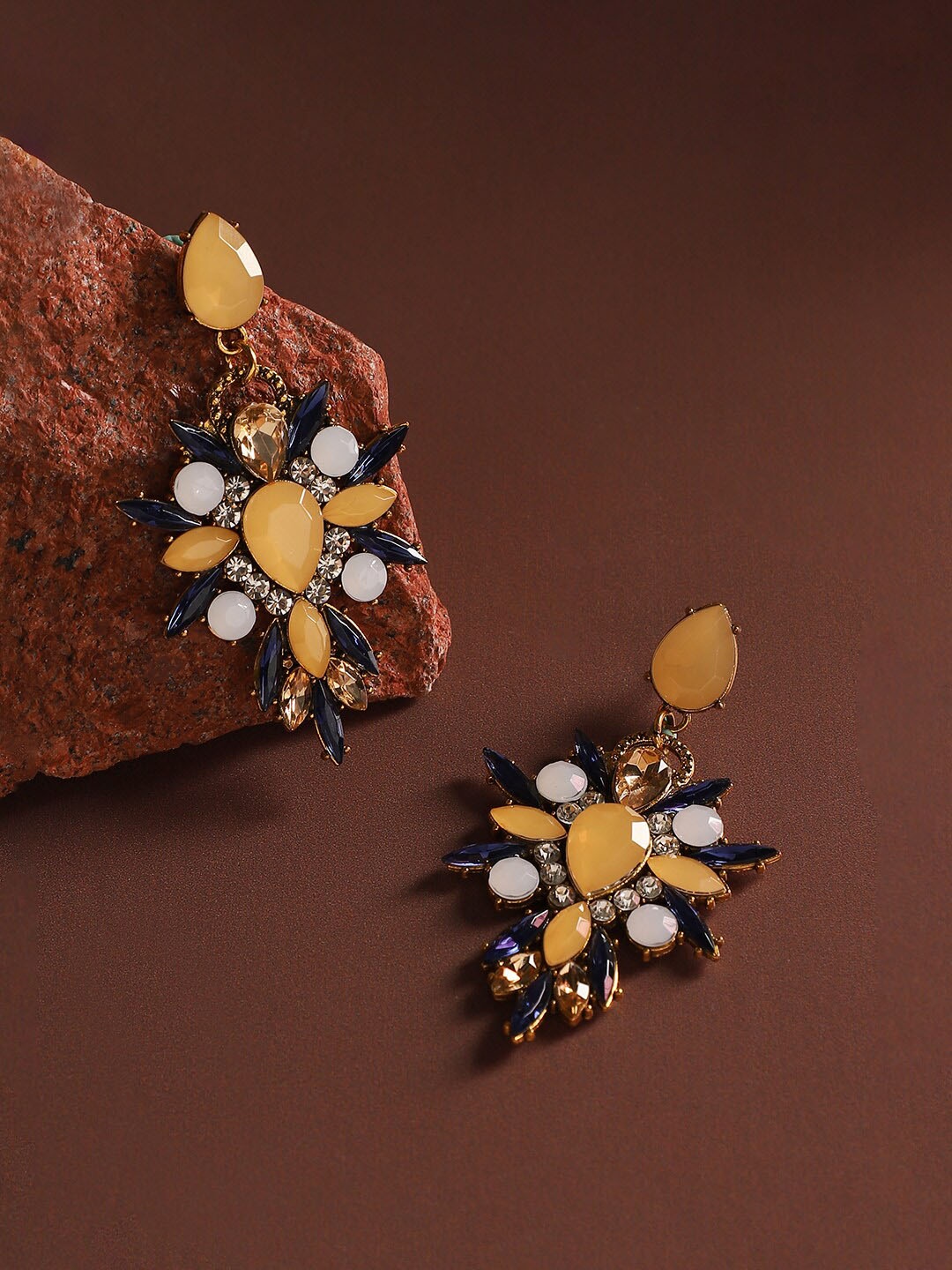 

SOHI Gold-Plated Crystal Studded Floral Drop Earrings