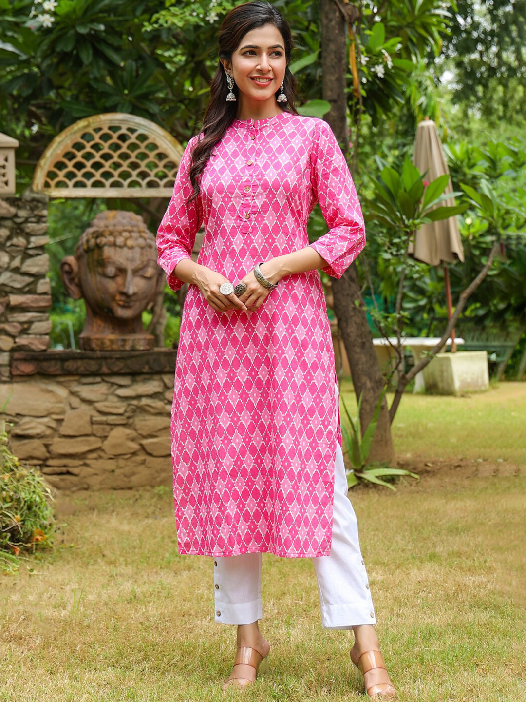 

PIROH Geometric Printed Pure Cotton Straight Kurta, Pink