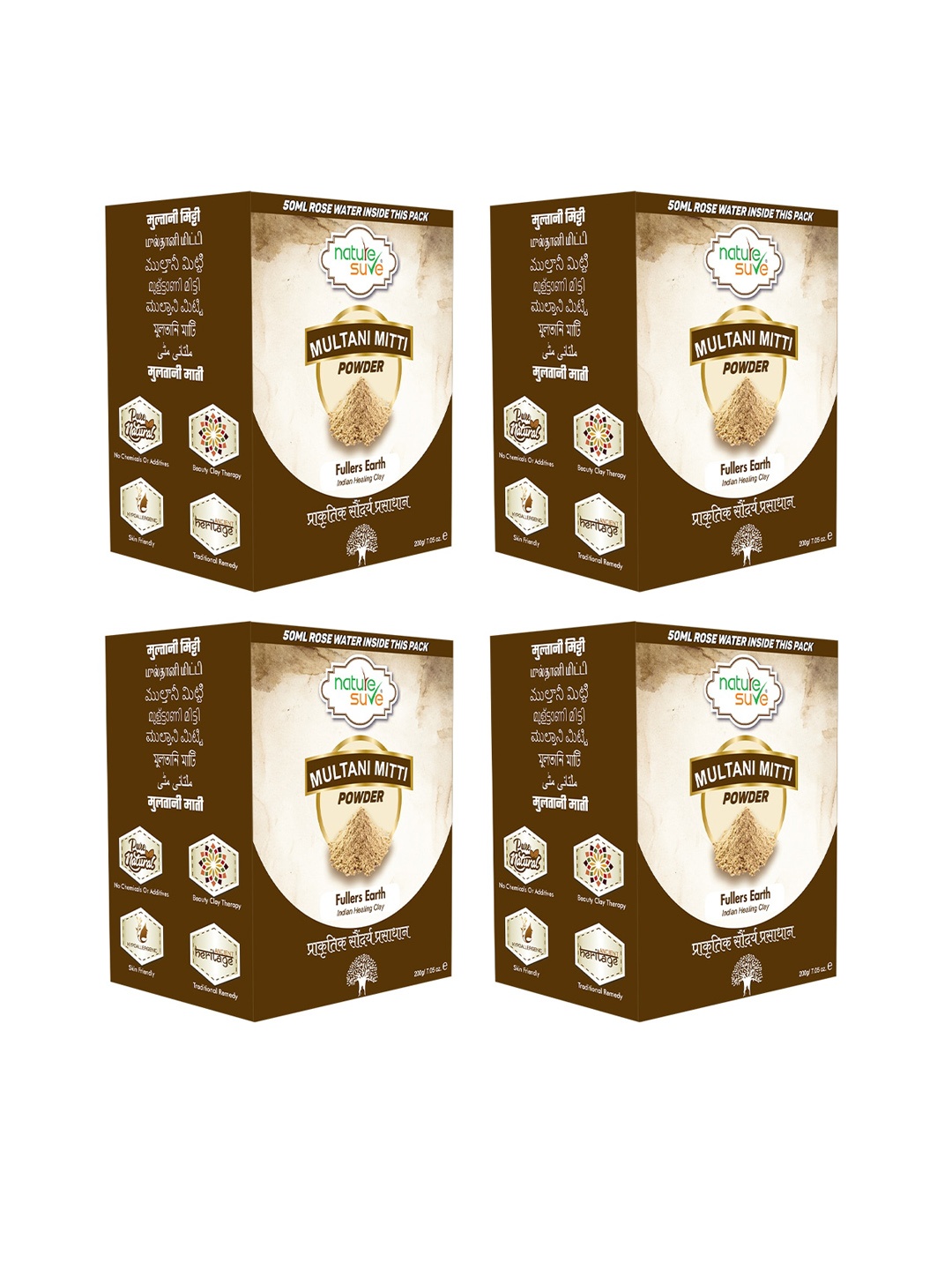 

Nature Sure Set Of 4 Multani Mitti Powder With Rose Water 200g Each, Brown