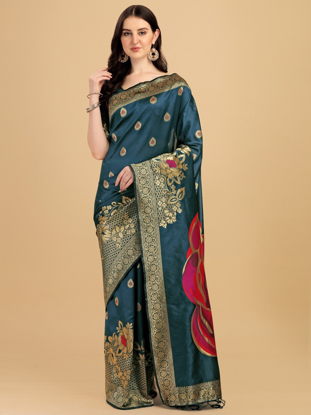 

DIVASTRI Ethnic Motifs Woven Design Zari Banarasi Saree, Red