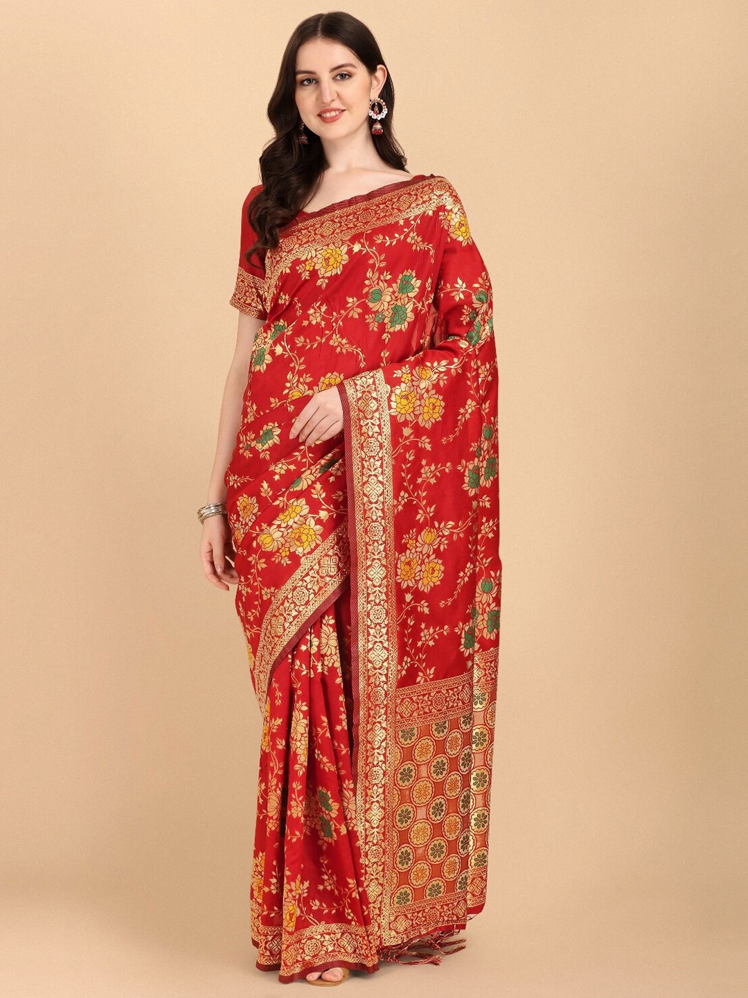 

DIVASTRI Floral Woven Design Zari Banarasi Saree, Red