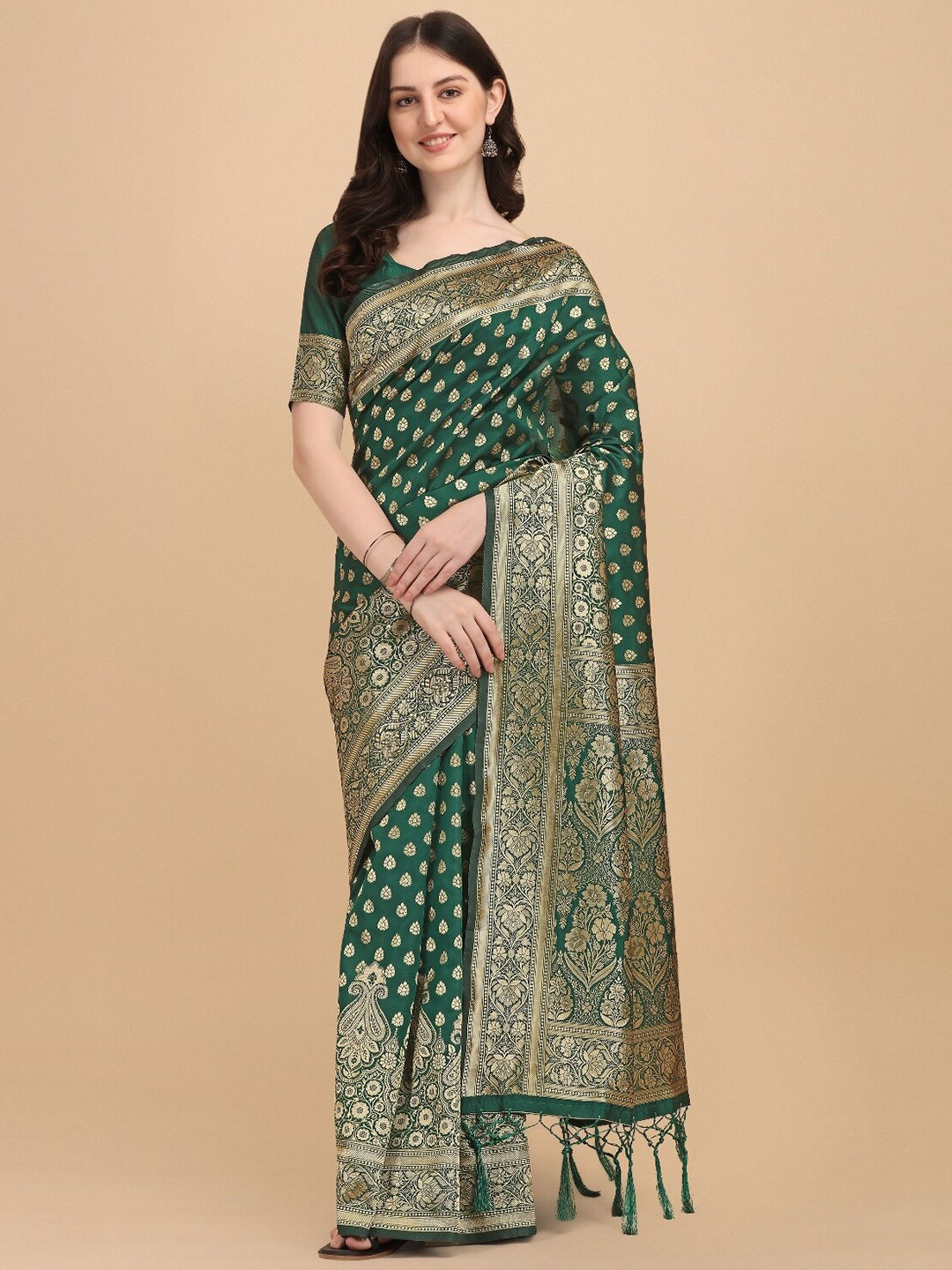 

DIVASTRI Ethnic Motifs Woven Design Zari Banarasi Saree, Green