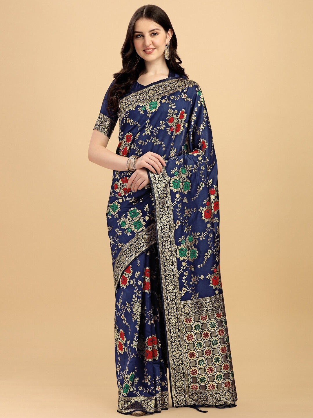 

DIVASTRI Floral Woven Design Zari Banarasi Saree, Navy blue