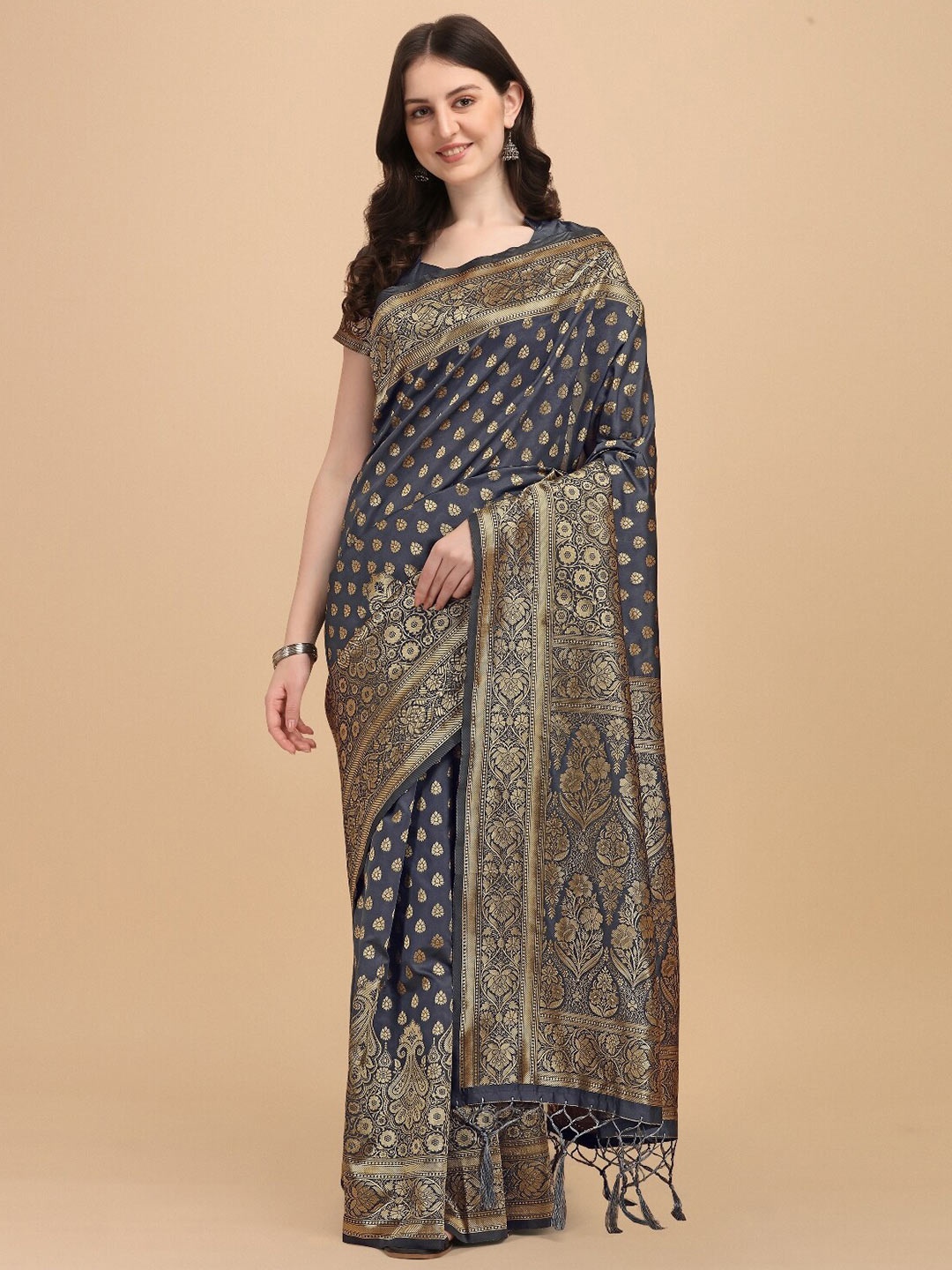 

DIVASTRI Ethnic Motifs Woven Design Zari Banarasi Saree, Grey