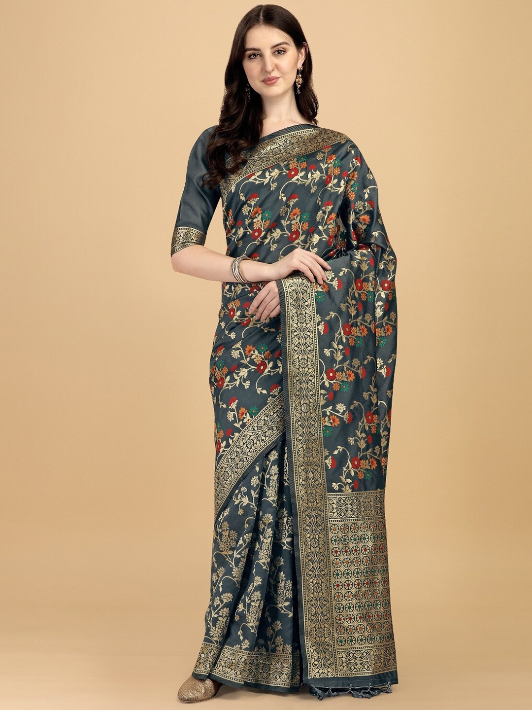 

DIVASTRI Floral Woven Design Zari Banarasi Saree, Grey