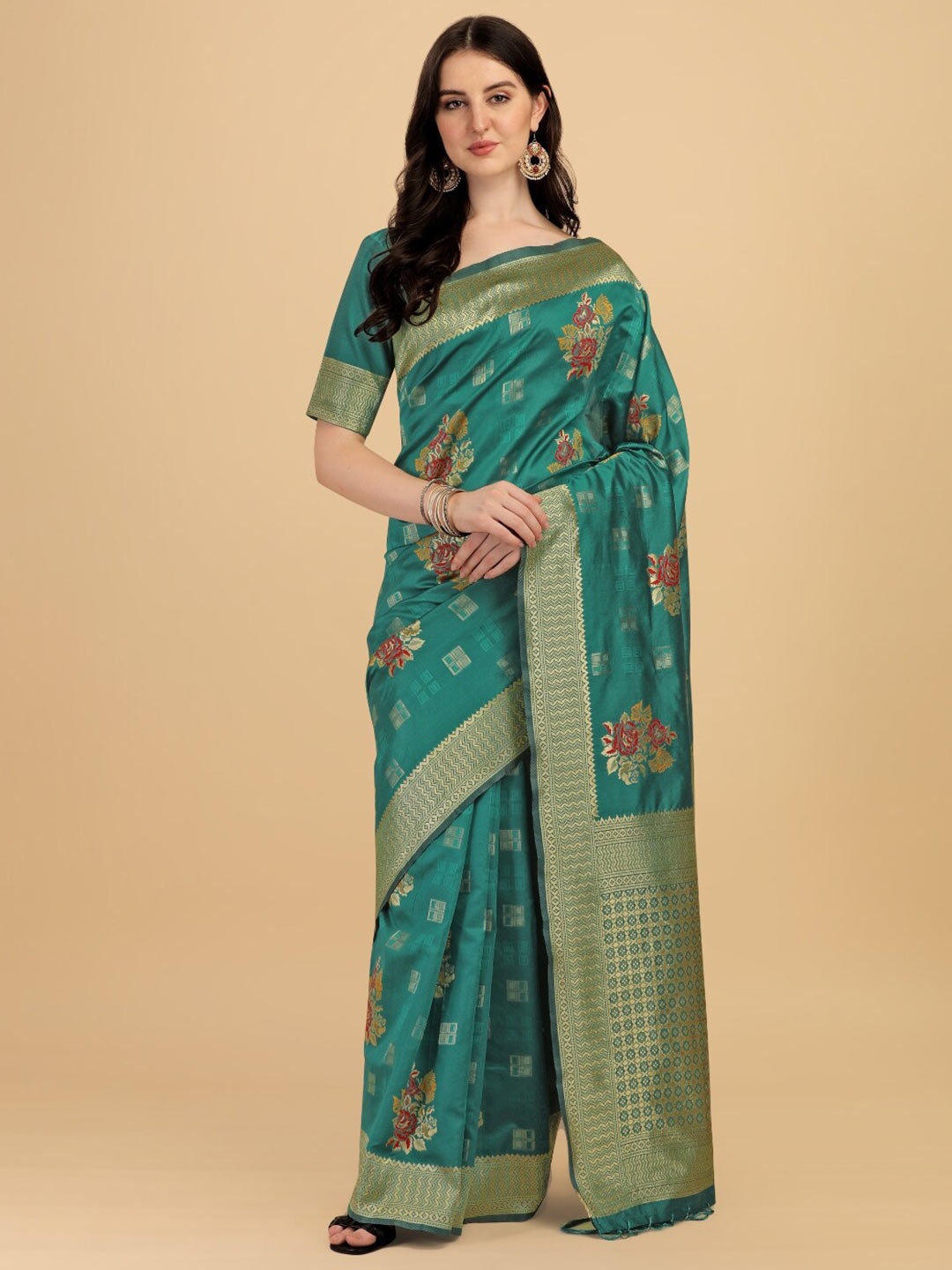 

DIVASTRI Floral Woven Design Zari Banarasi Saree, Green