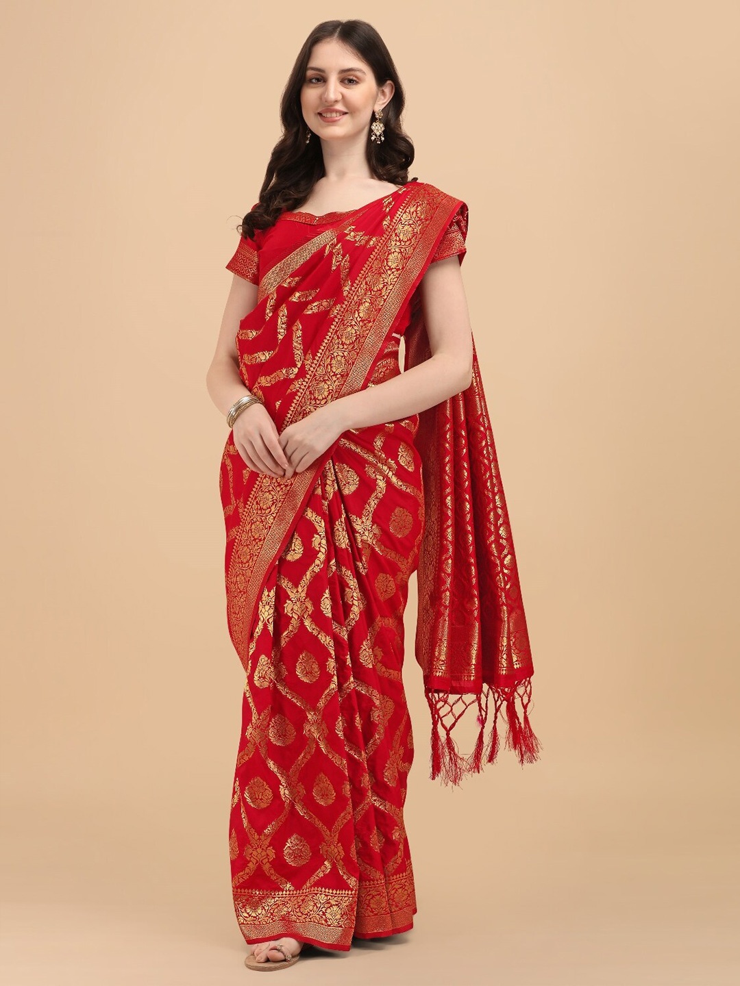 

DIVASTRI Ethnic Motifs Woven Design Zari Banarasi Saree, Red