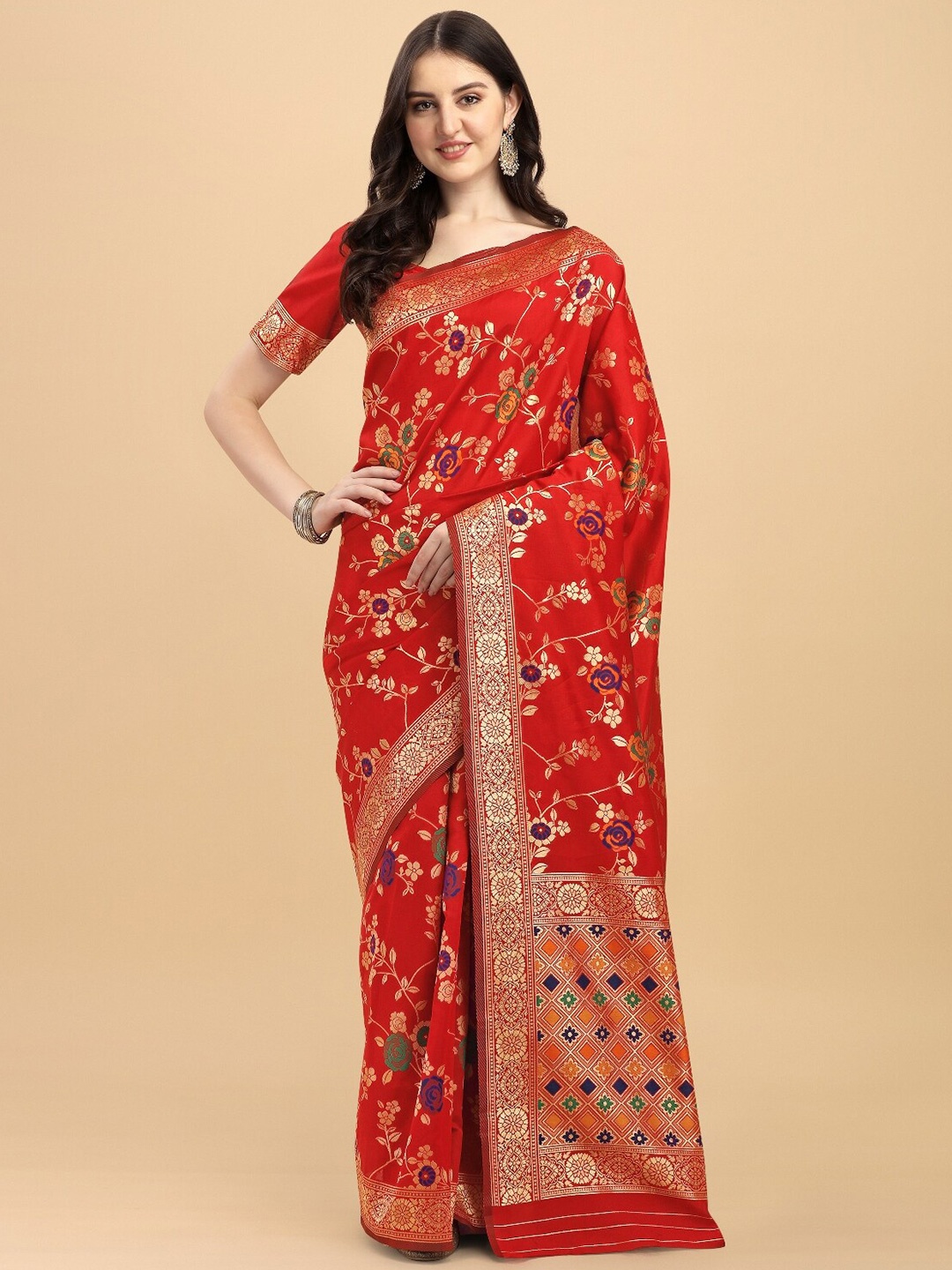 

DIVASTRI Floral Woven Design Zari Banarasi Saree, Red