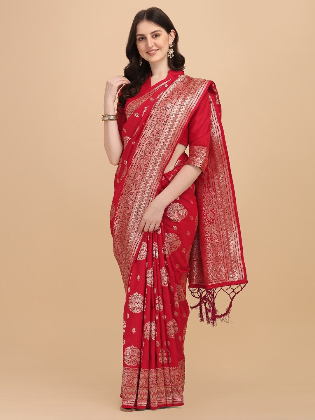 

DIVASTRI Ethnic Motifs Woven Design Zari Banarasi Saree, Red