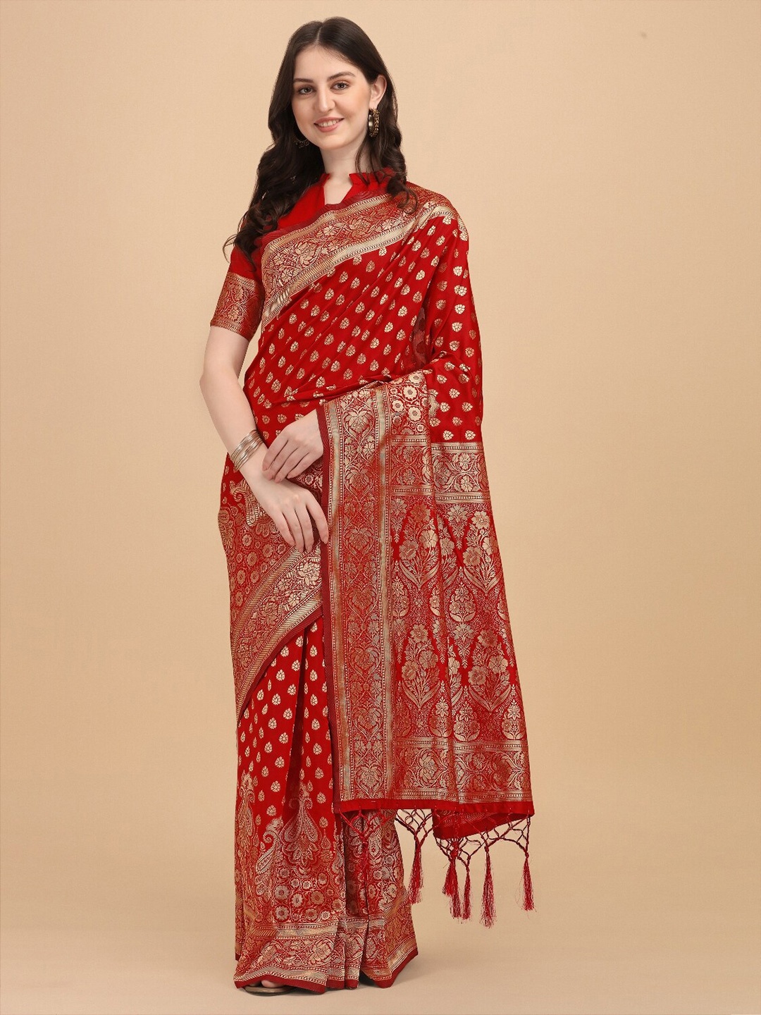 

DIVASTRI Ethnic Motifs Woven Design Zari Banarasi Saree, Red