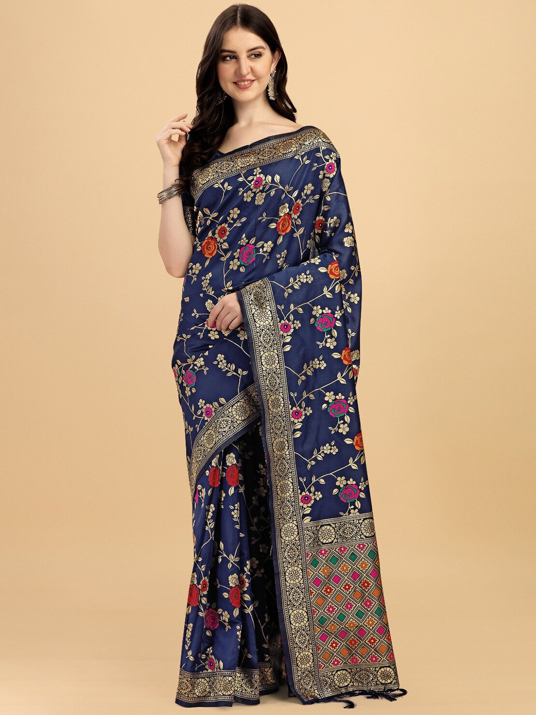 

DIVASTRI Floral Woven Design Zari Banarasi Saree, Navy blue