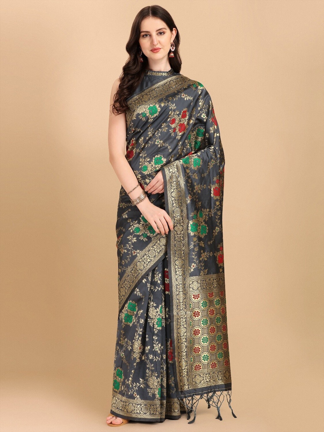 

DIVASTRI Floral Woven Design Zari Banarasi Saree, Grey