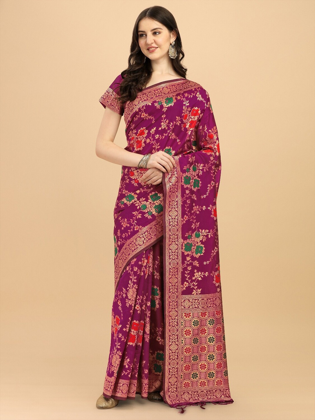 

DIVASTRI Floral Woven Design Zari Banarasi Saree, Purple