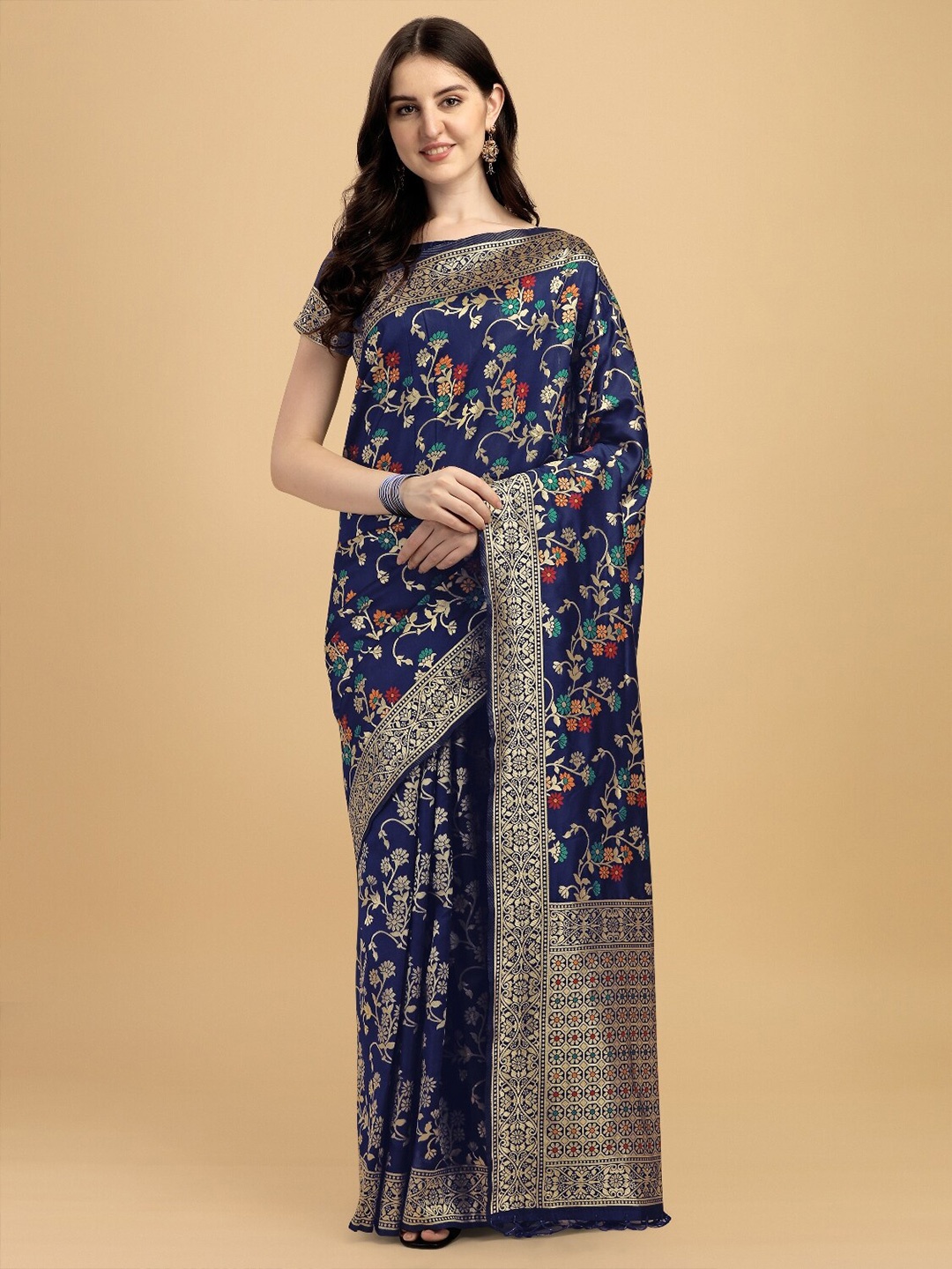 

DIVASTRI Floral Woven Design Zari Banarasi Saree, Navy blue