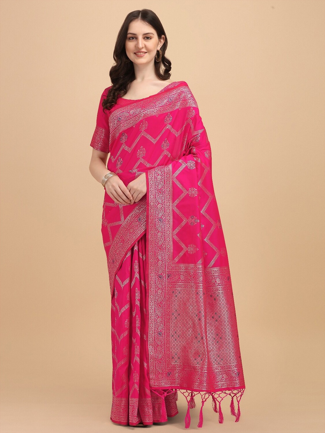 

DIVASTRI Ethnic Motifs Woven Design Zari Banarasi Saree, Pink