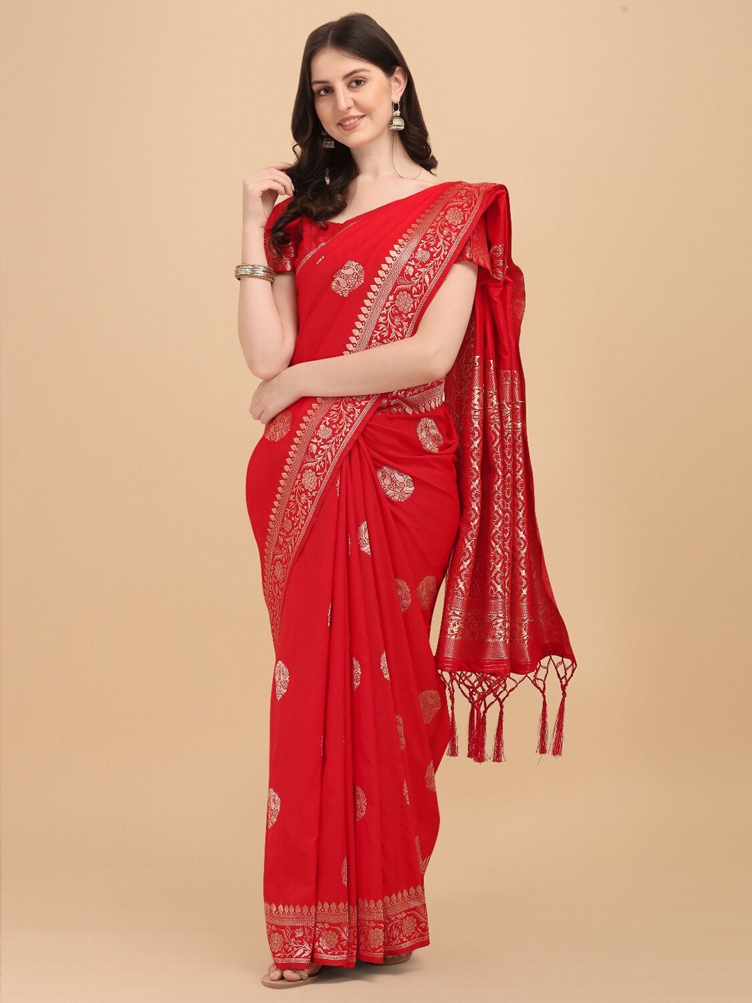 

DIVASTRI Ethnic Motifs Woven Design Zari Banarasi Saree, Red