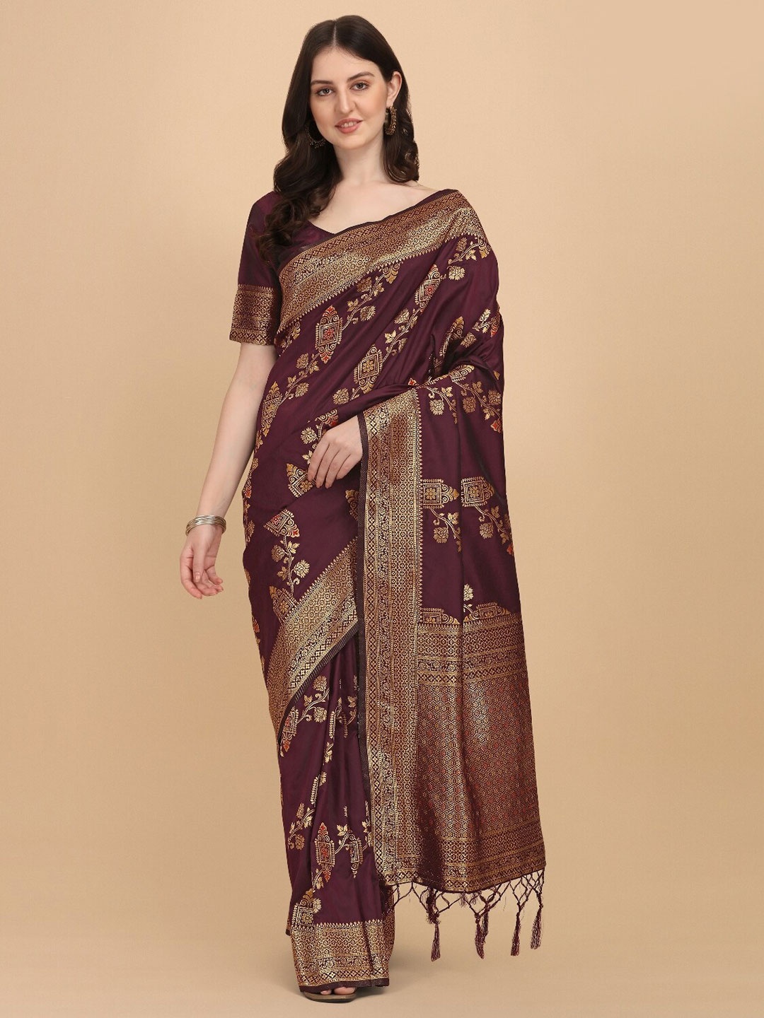 

DIVASTRI Ethnic Motifs Woven Design Zari Banarasi Saree, Maroon