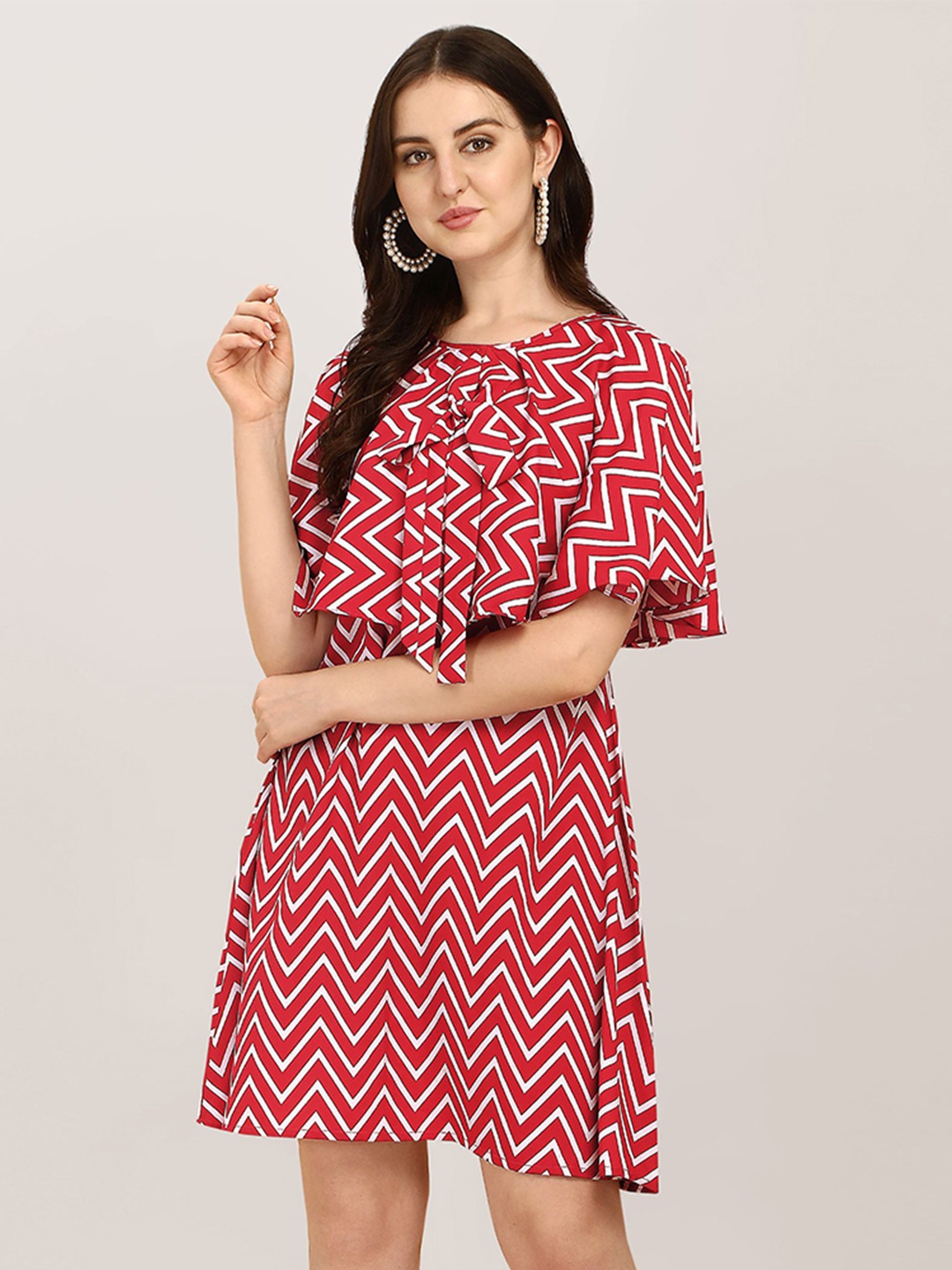

BAESD Chevron Printed Cape Sleeves Tie-Ups Detail A-Line Dress, Red