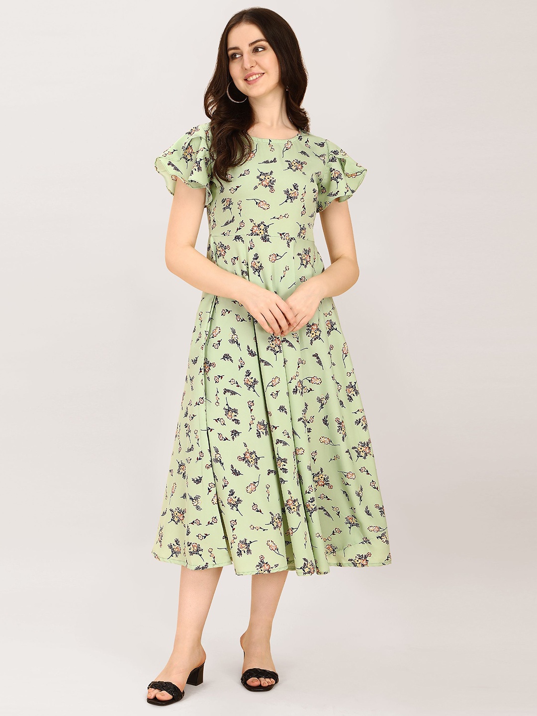 

BAESD Floral Printed Round Neck Flared Sleeves A-Line Dress, Green
