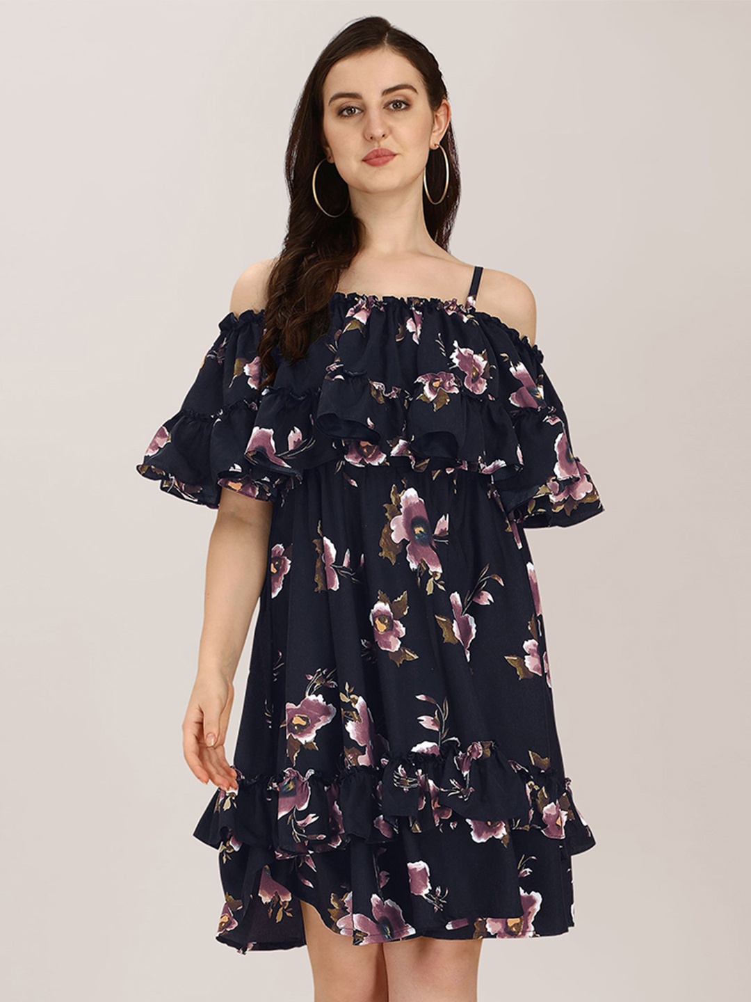 

BAESD Floral Printed Shoulder Straps Cold-Shoulder Ruffles Detail A-Line Dress, Charcoal