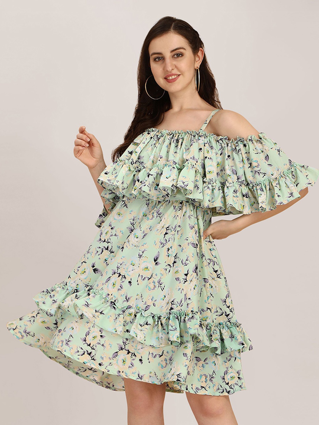 

BAESD Floral Printed Cold-Shoulder Sleeves Ruffled Crepe A-Line Dress, Green