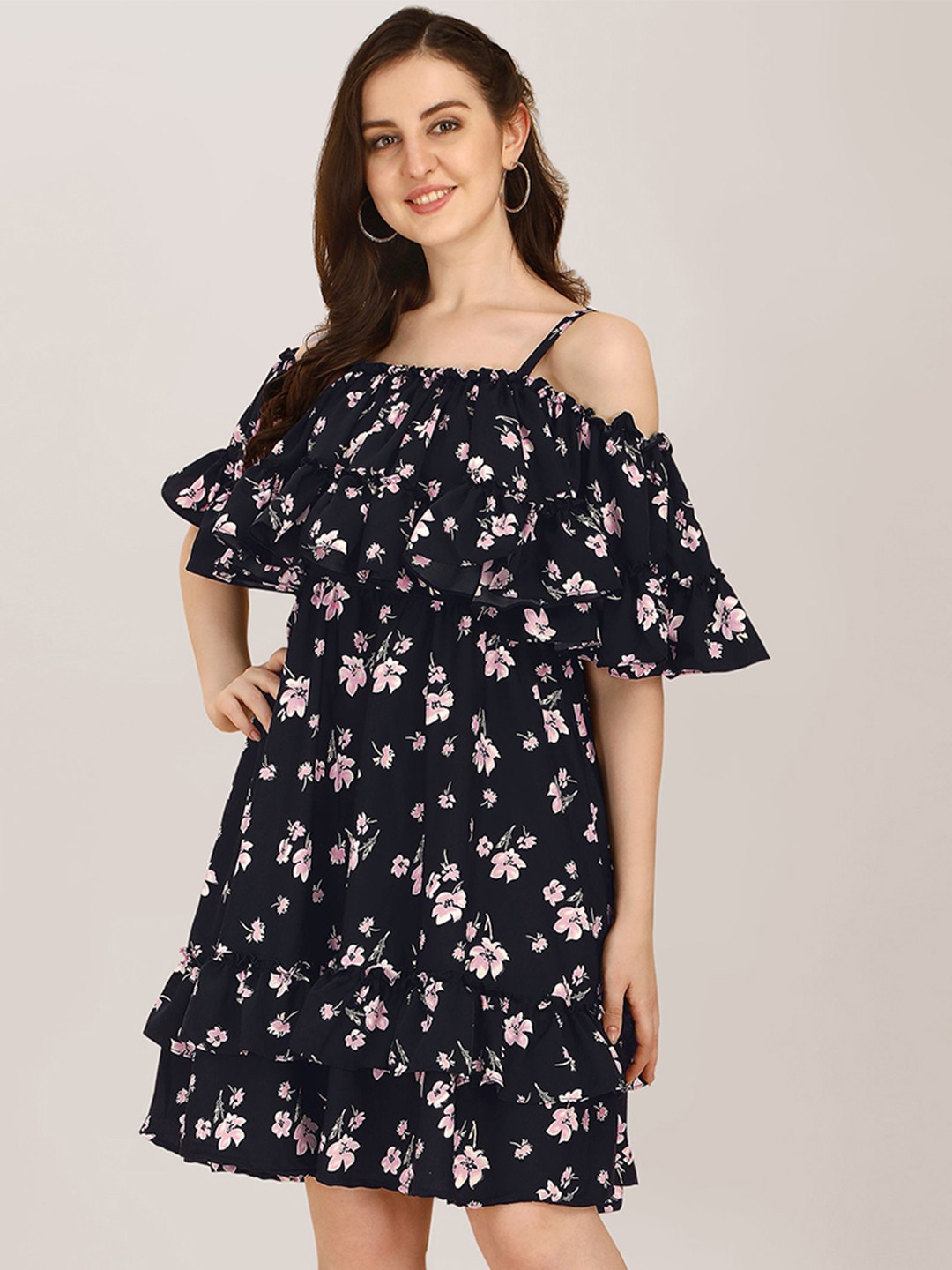 

BAESD Floral Printed Cold-Shoulder Sleeves Ruffles Detail A-Line Dress, Black