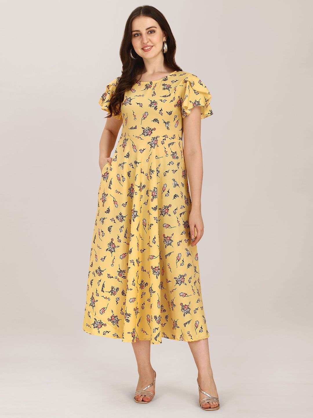

BAESD Floral Printed Round Neck Flared Sleeves A-Line Dress, Yellow