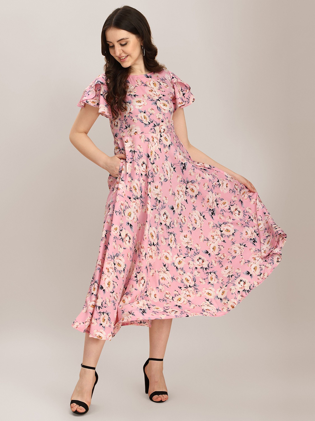 

BAESD Floral Printed Bell Sleeves Fit & Flare Dress, Pink