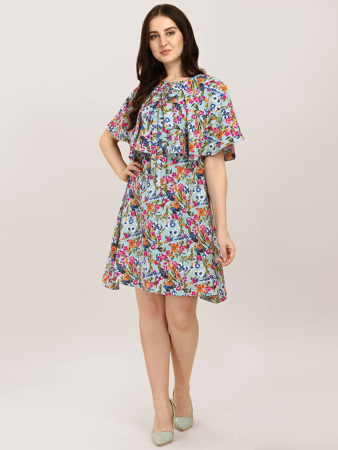 

BAESD Floral Printed Cape Sleeves A-Line Dress, Blue