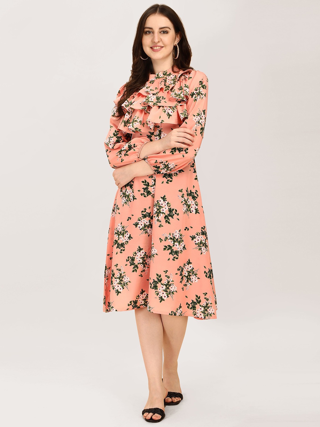 

BAESD Floral Printed Ruffled Mandarin Collar Puff Sleeves A-Line Dress, Orange