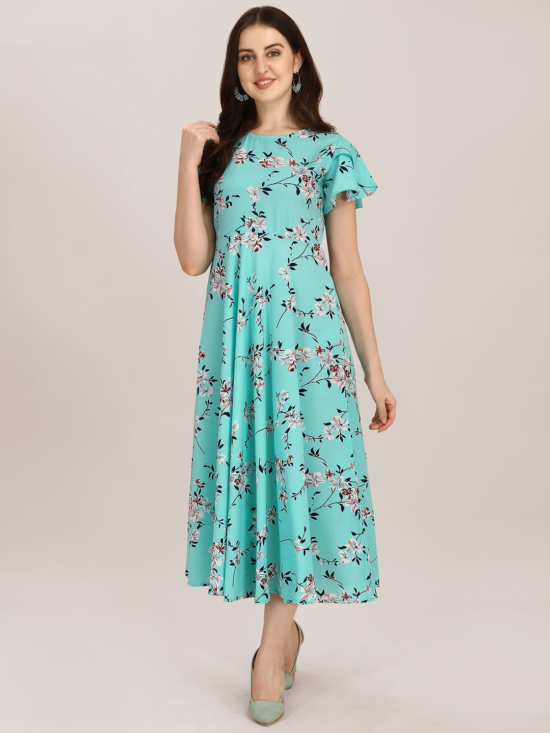 

BAESD Floral Printed Flared Sleeves A-Line Dress, Blue