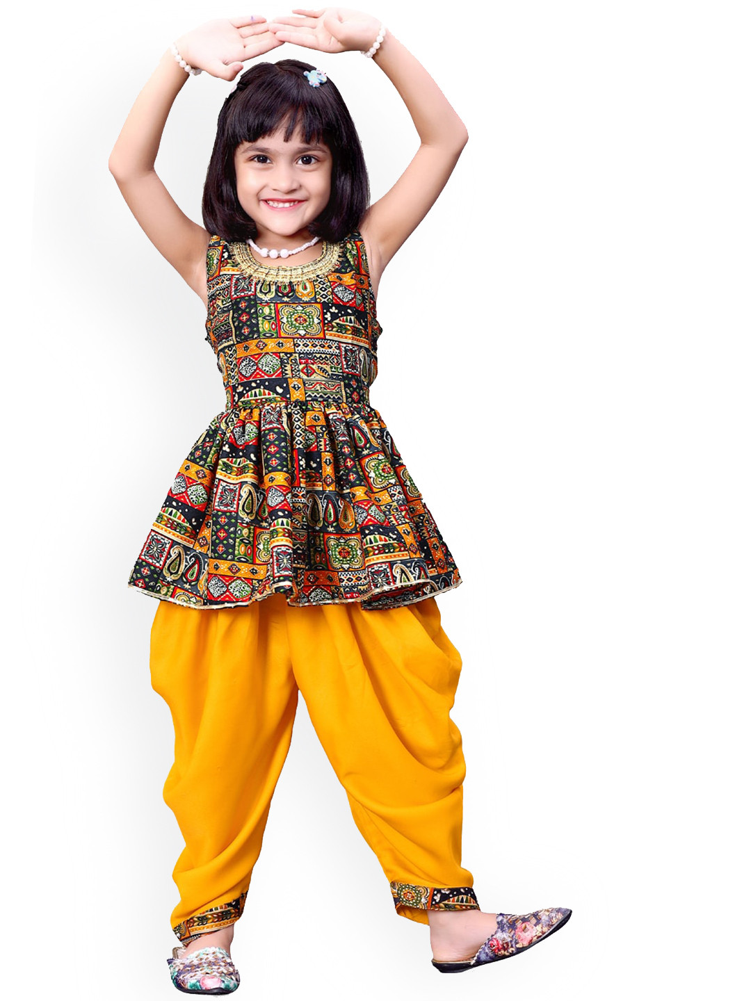 

BAESD Girls Ethnic Motifs Printed Regular Pure Cotton Kurta With Dhoti Pants, Yellow
