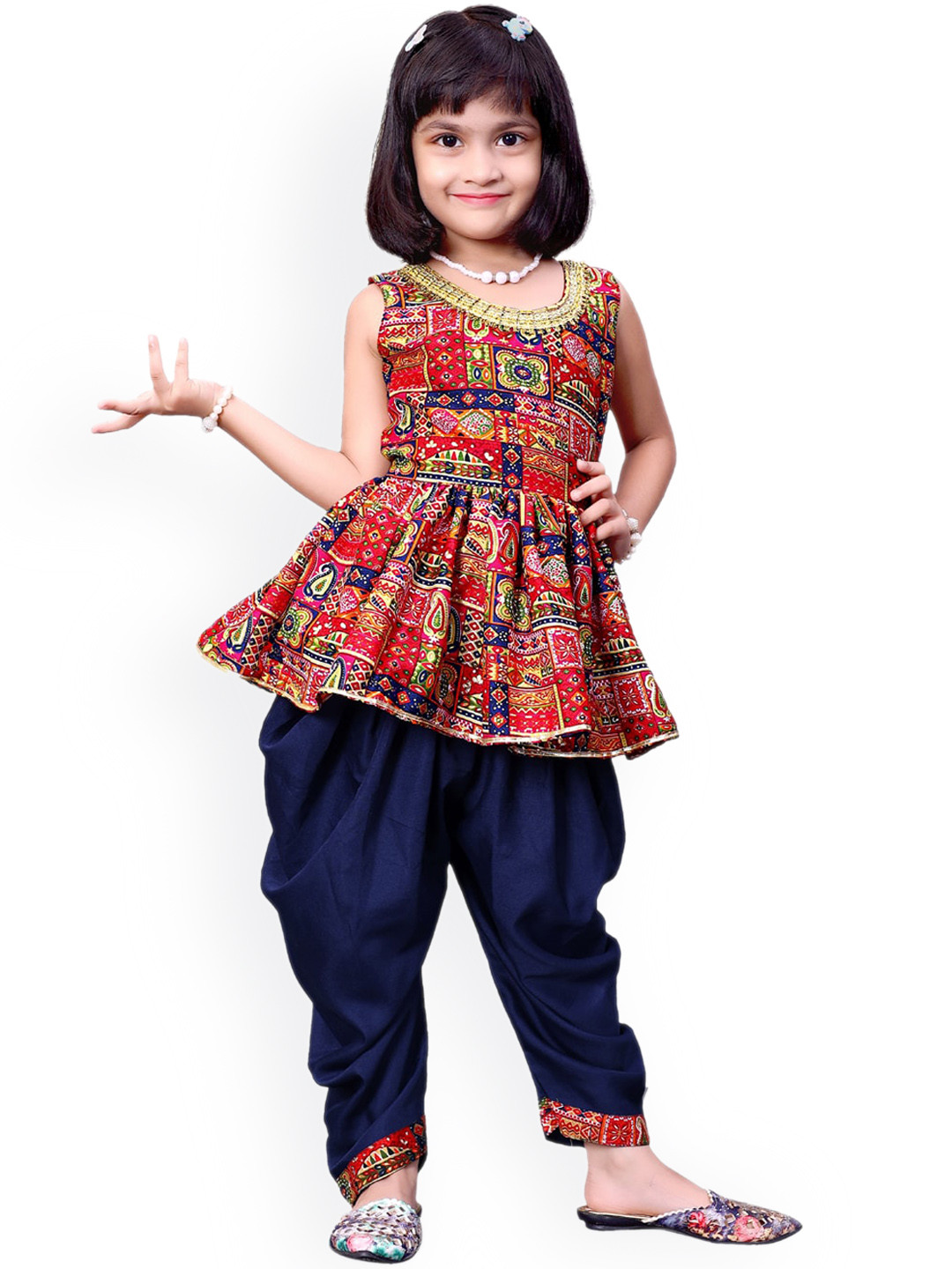 

BAESD Girls Tribal Printed Pure Cotton Anarkali Kurta with Dhoti Pants, Red