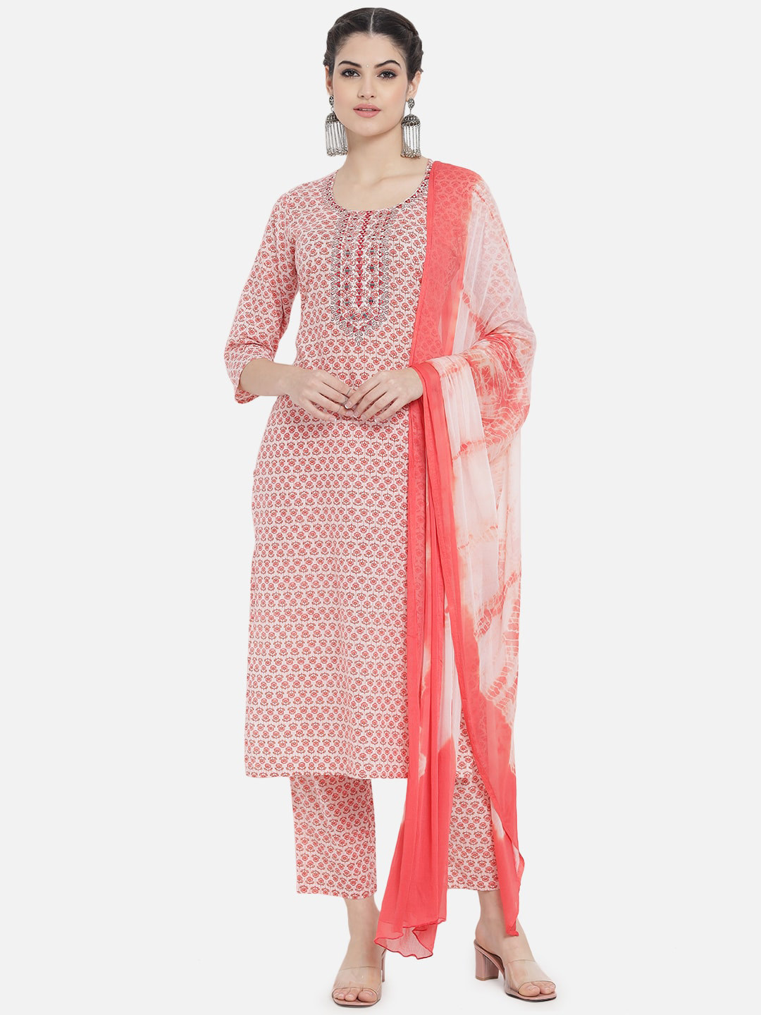 

AAYUMI Ethnic Motifs Printed Mirror Work Pure Cotton Kurta With Trousers & Dupatta, Red
