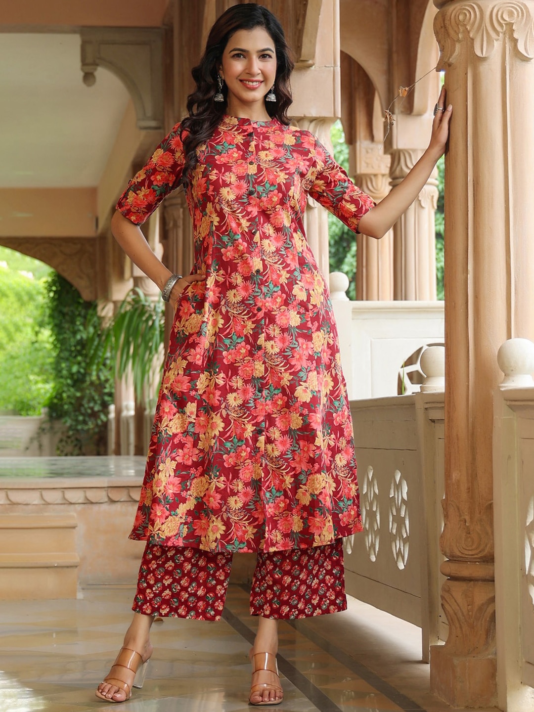 

PIROH Floral Printed Pure Cotton A-Line Kurta with Palazzos, Red