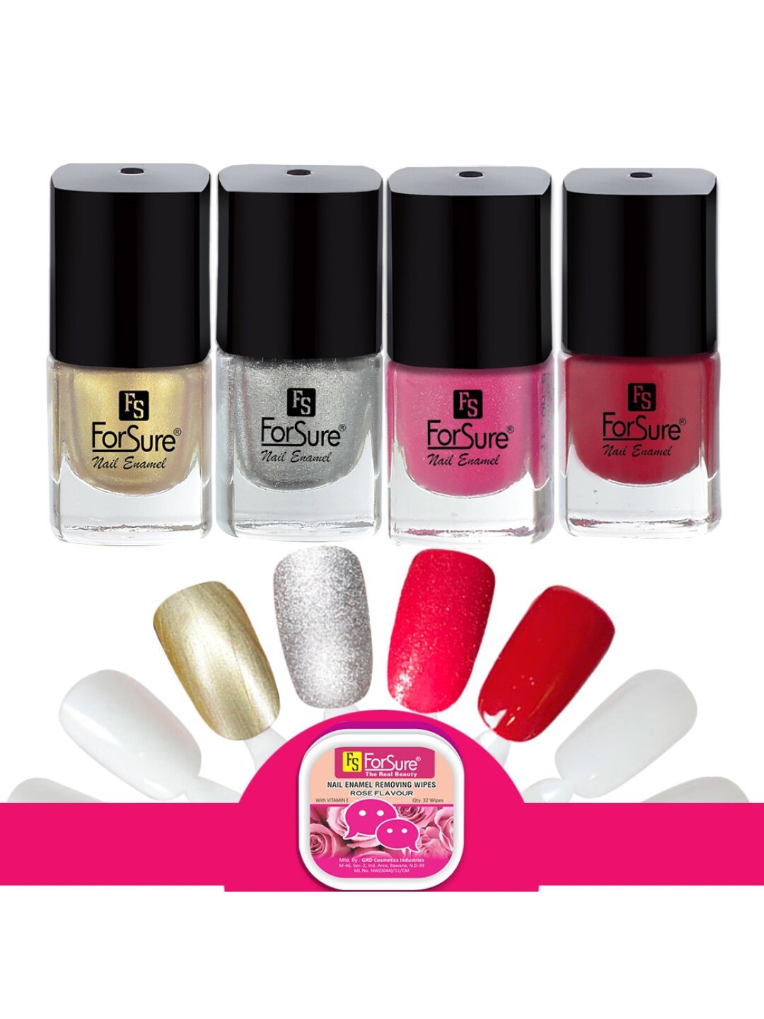 

ForSure Set of 4 Trendy Quick Dry Long Stay Nail Enamels - 5 ml each & Rose Wipes - 32 pcs, Multi