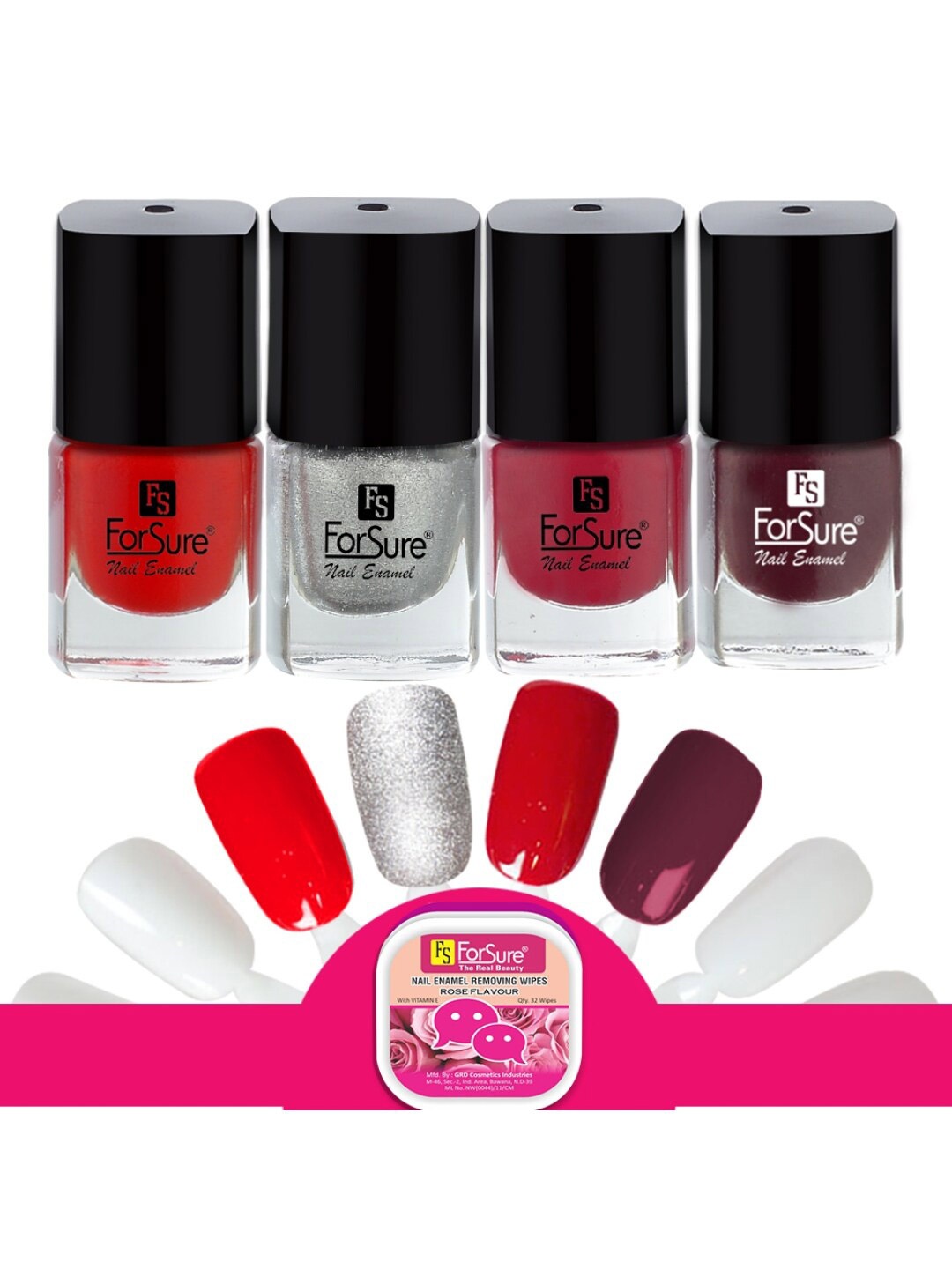 

ForSure Trendy Set Of 4 Nail Polishes With Wipes-Silver-Red-Deep Red-Maroon, Multi