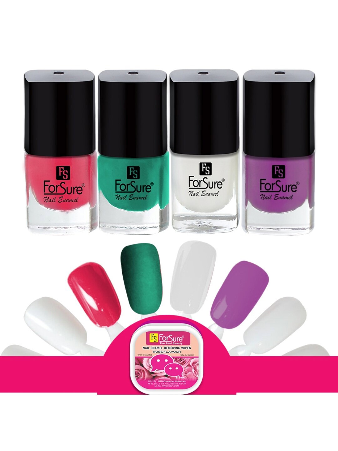

ForSure Trendy Set Of 4 Nail Polishes With Wipes-Pink-Purple-Green-White, Multi