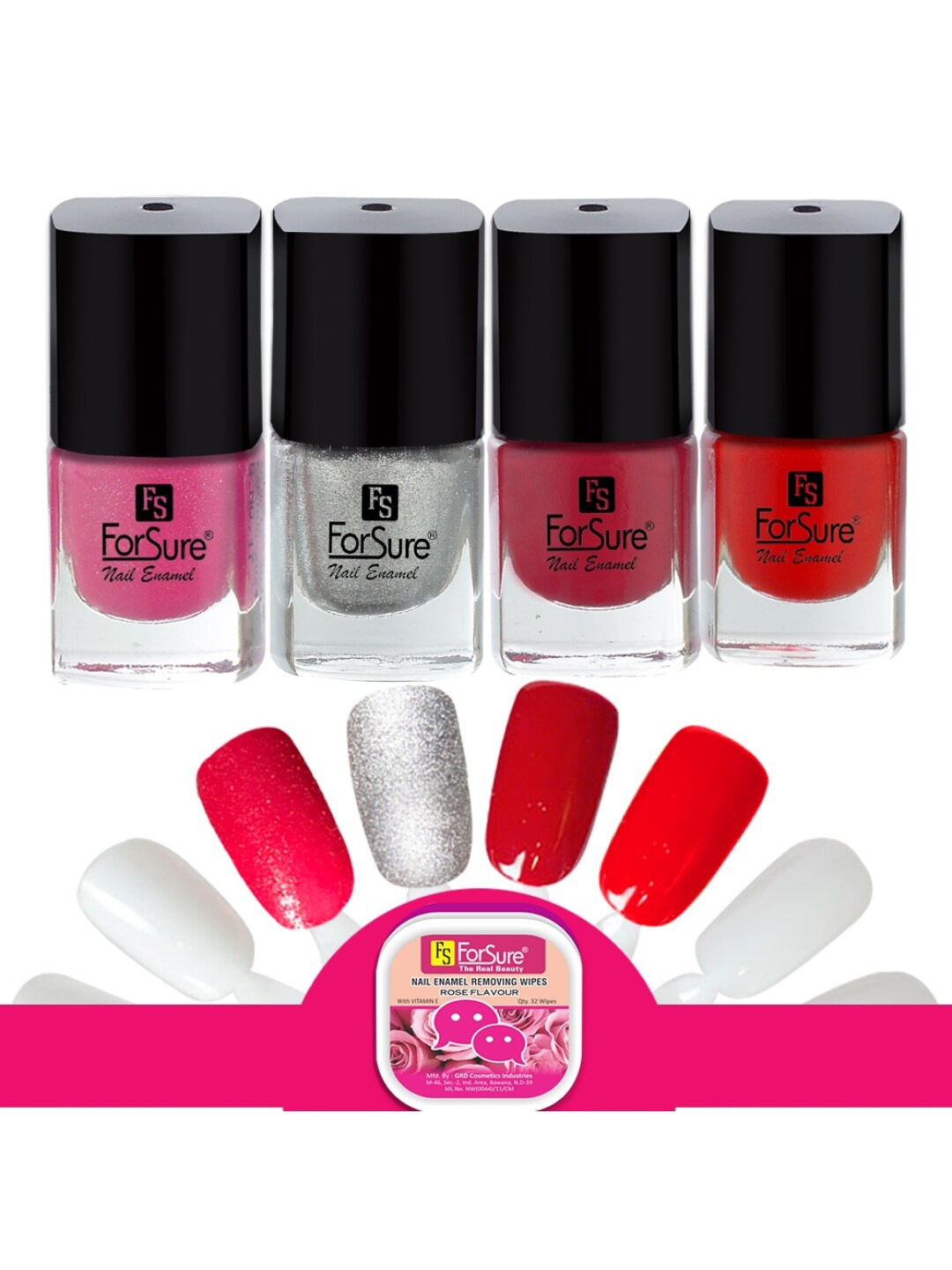 

ForSure Trendy Set Of 4 Nail Polishes With Wipes-Silver-Red-Deep Red-Glitter Pink, Multi