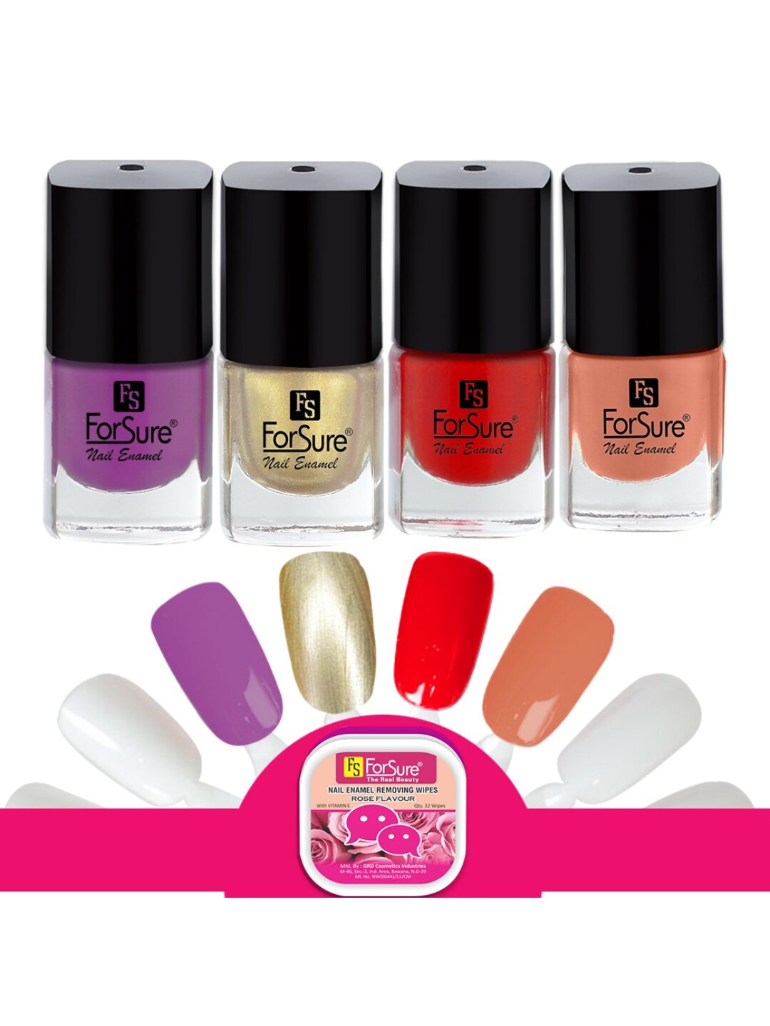

ForSure Trendy Set Of 4 Nail Polishes With Wipes-Gold-Deep Red-Purple-Nude, Multi