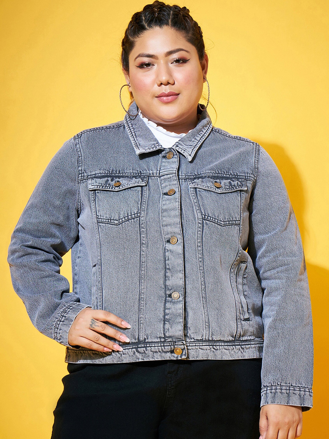 

SASSAFRAS Curve Plus Size Washed Denim Jacket, Grey