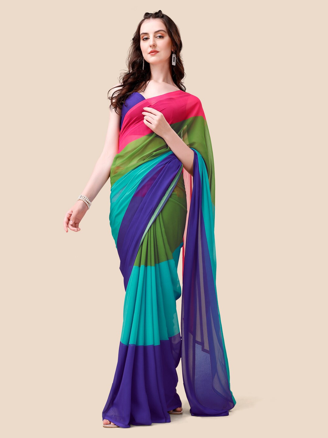 

VASTRANAND Colourblocked Poly Georgette Celebrity Saree, Teal