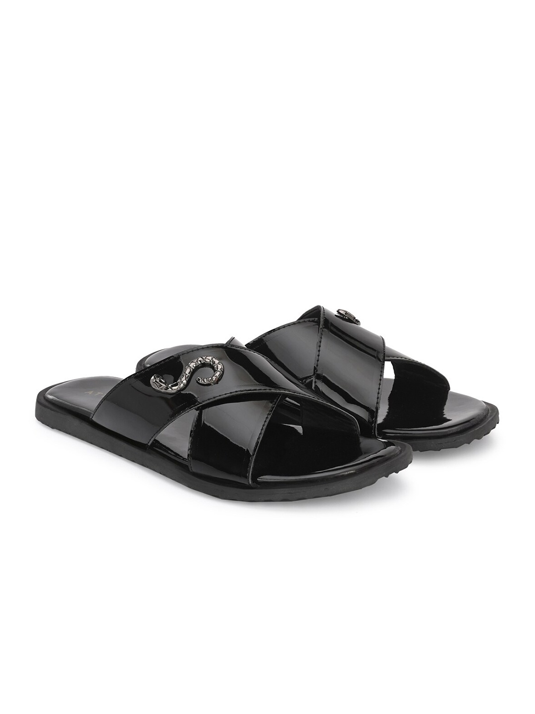 

ATTITUDIST Men Buckled Cross Over Sliders, Black