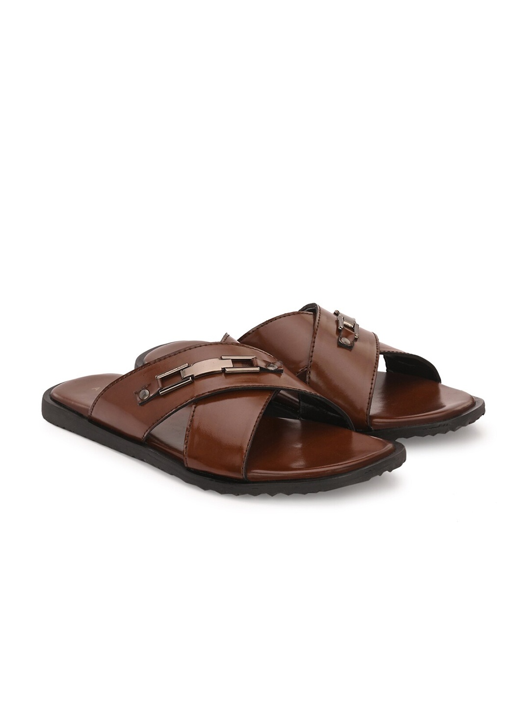 

ATTITUDIST Men Buckled Cross Over Sliders, Brown