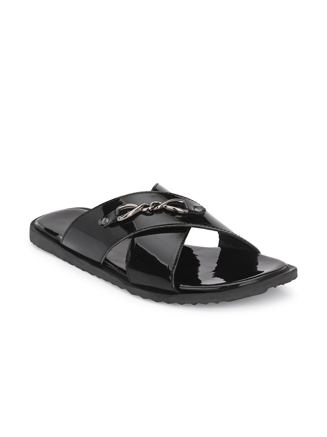 

ATTITUDIST Men Buckled Cross Over Sliders, Black